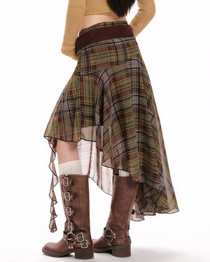 Asymmetrical Plaid Midi Skirt