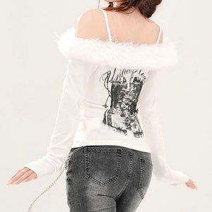Corset Print Fur Off-Shoulder Top