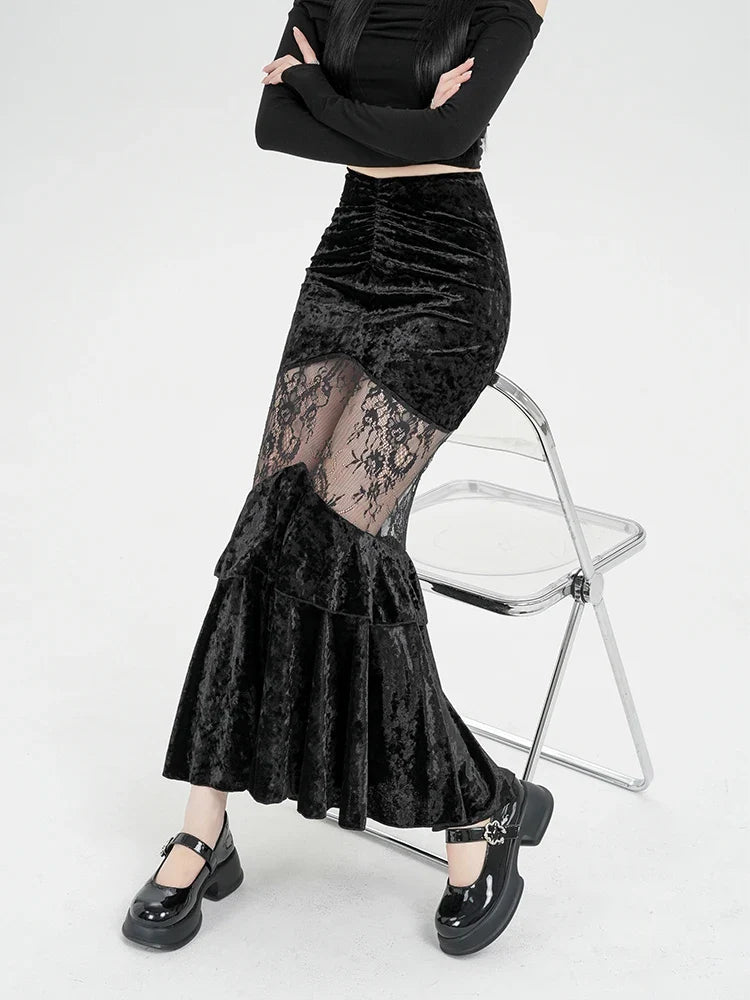 Goth Velvet Lace Maxi Skirt