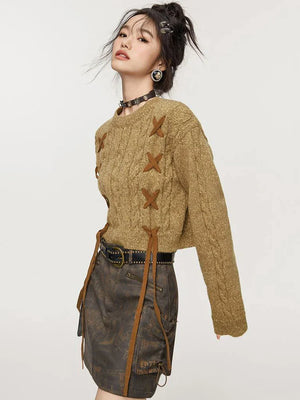 Lace-Up Detail Crop Sweater