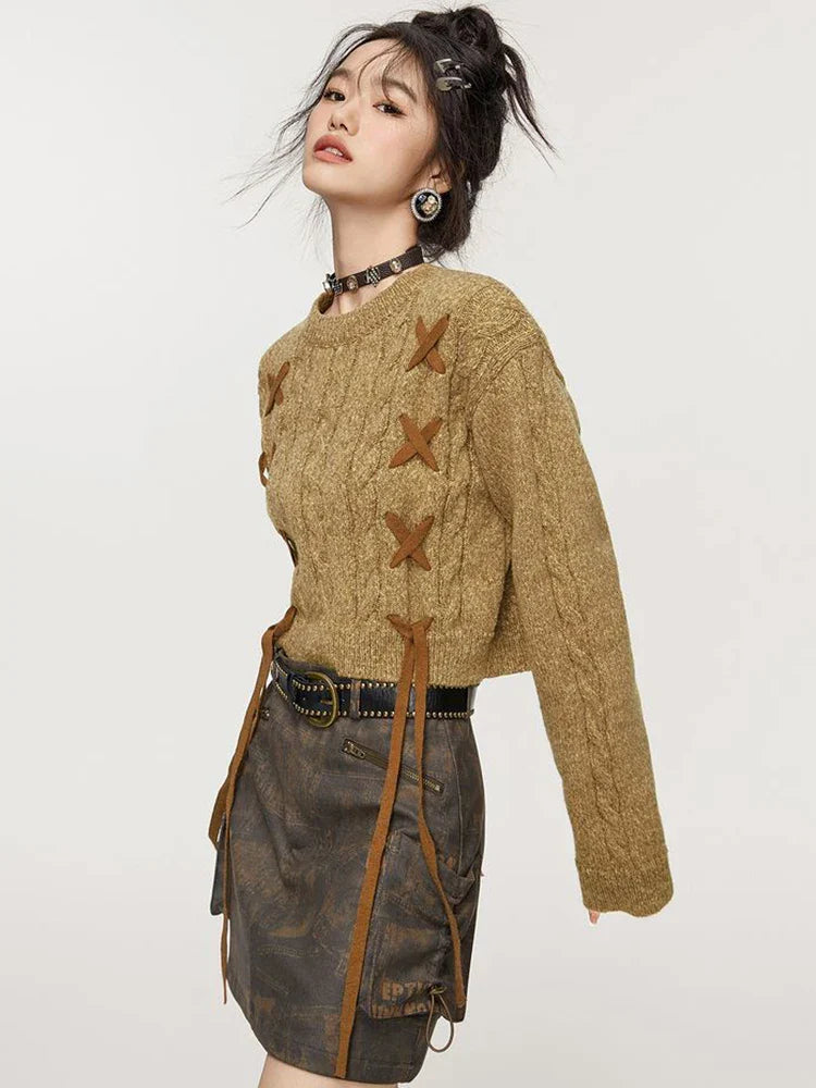 Lace-Up Detail Crop Sweater