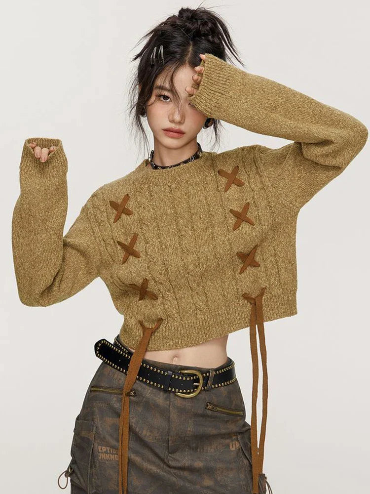 Lace-Up Detail Crop Sweater