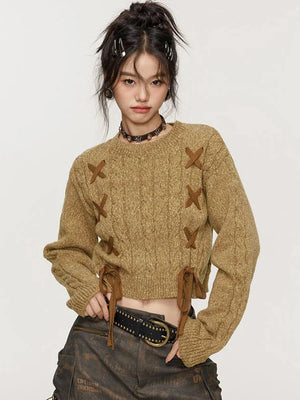 Lace-Up Detail Crop Sweater