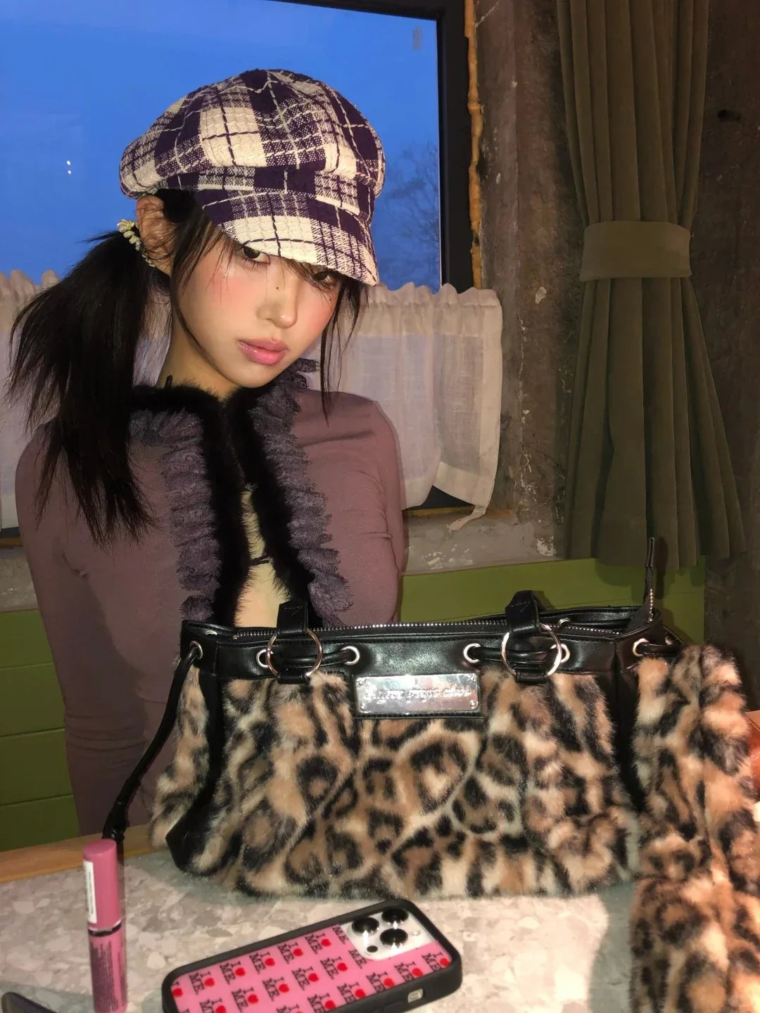 Y2K Fur Trim Plunge Top