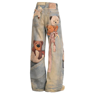 Cute Bears Print Baggy Jeans