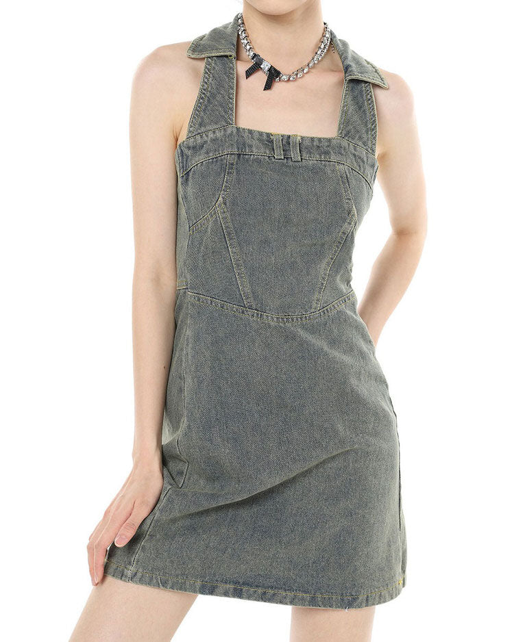 Y2K Aesthetic Halter Denim Dress