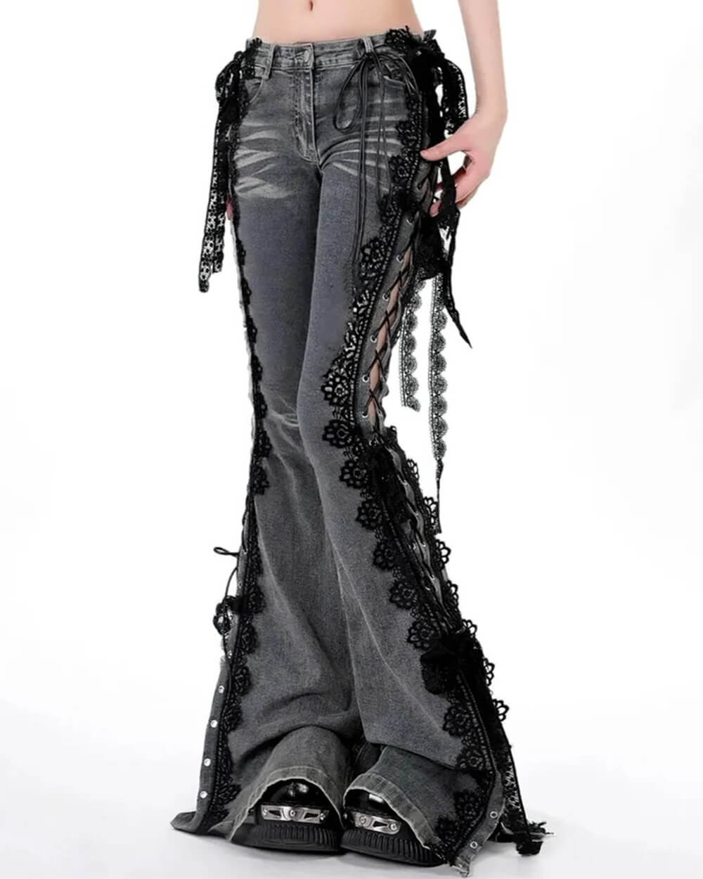 Fairy Grunge Lace Up Flared Jeans