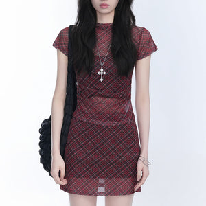 Preppy Plaid Mesh Top & Mini Skirt Set