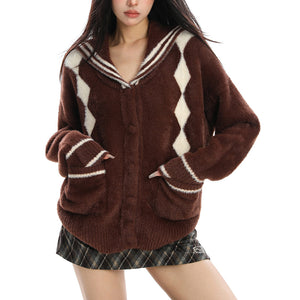Preppy Plush Argyle Cardigan