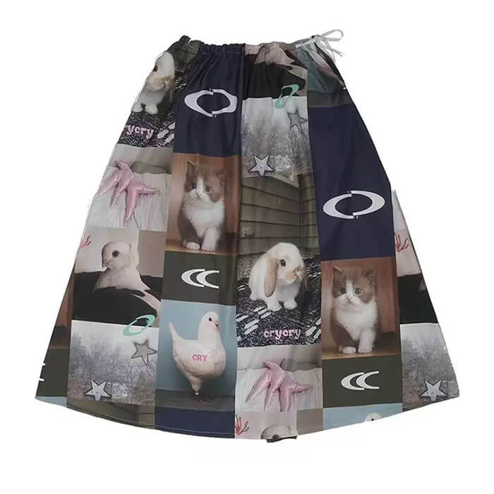 Rabbit & Cat Print Aesthetic Midi Skirt