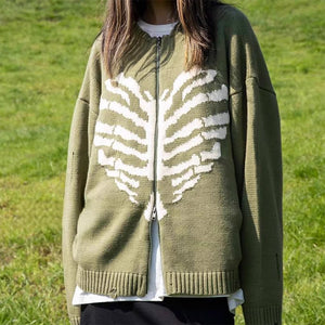 Skeleton Print Zip Up Sweater