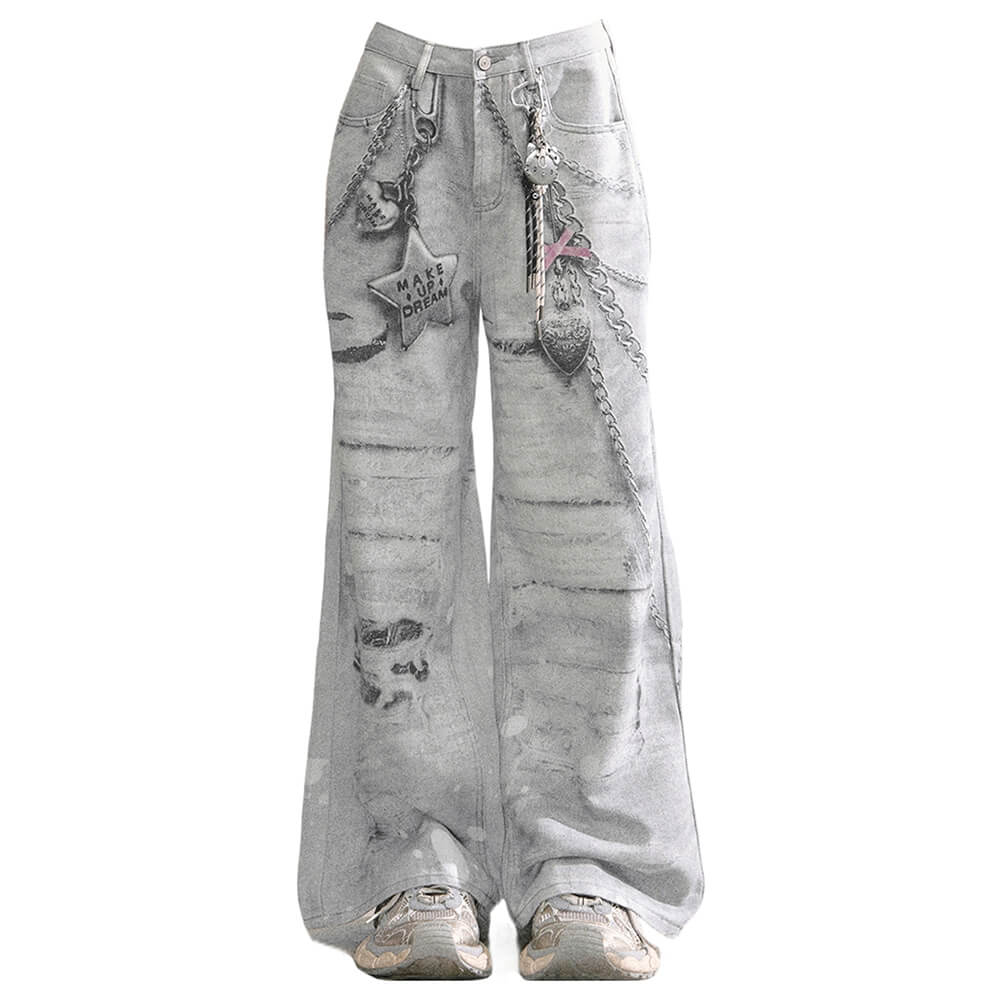 Washed Grey Y2K Chain Print Jeans