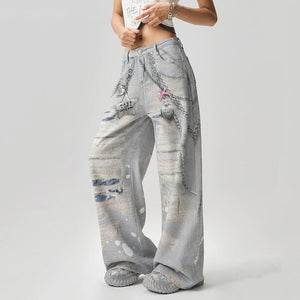 Washed Grey Y2K Chain Print Jeans