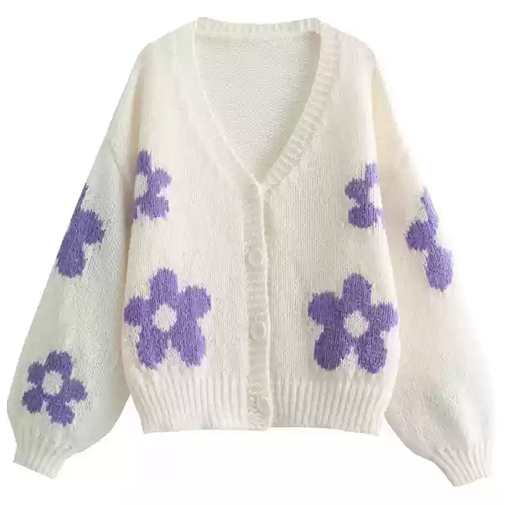 White Knit Cardigan with Purple Flower