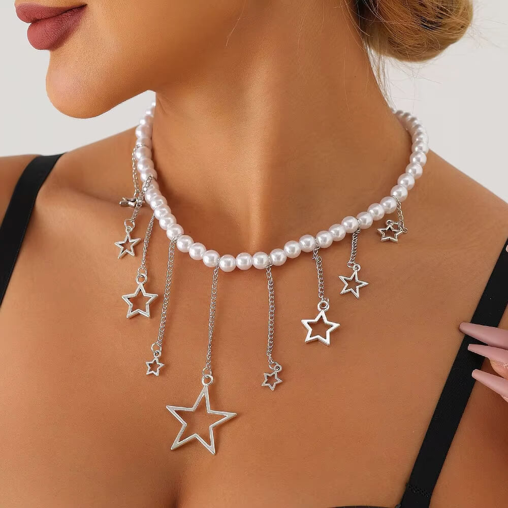 Y2K Pearl Necklace with Star Charms