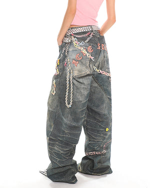 Y2K Printed Chain & Charm Baggy Jeans